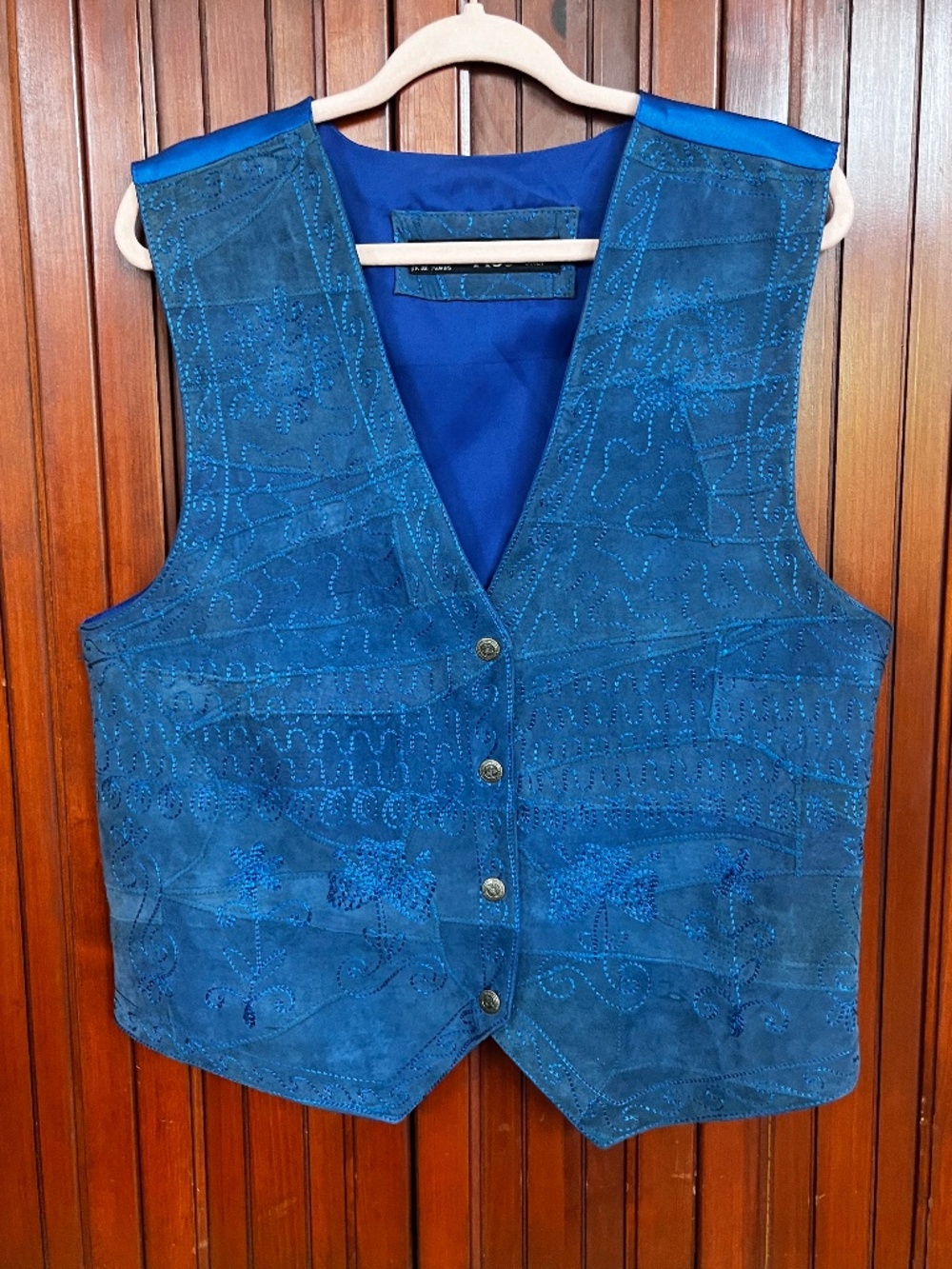 VTG AJ Blue Embroidered 100% Suede Leather Snap Front Western Vest Size XL
